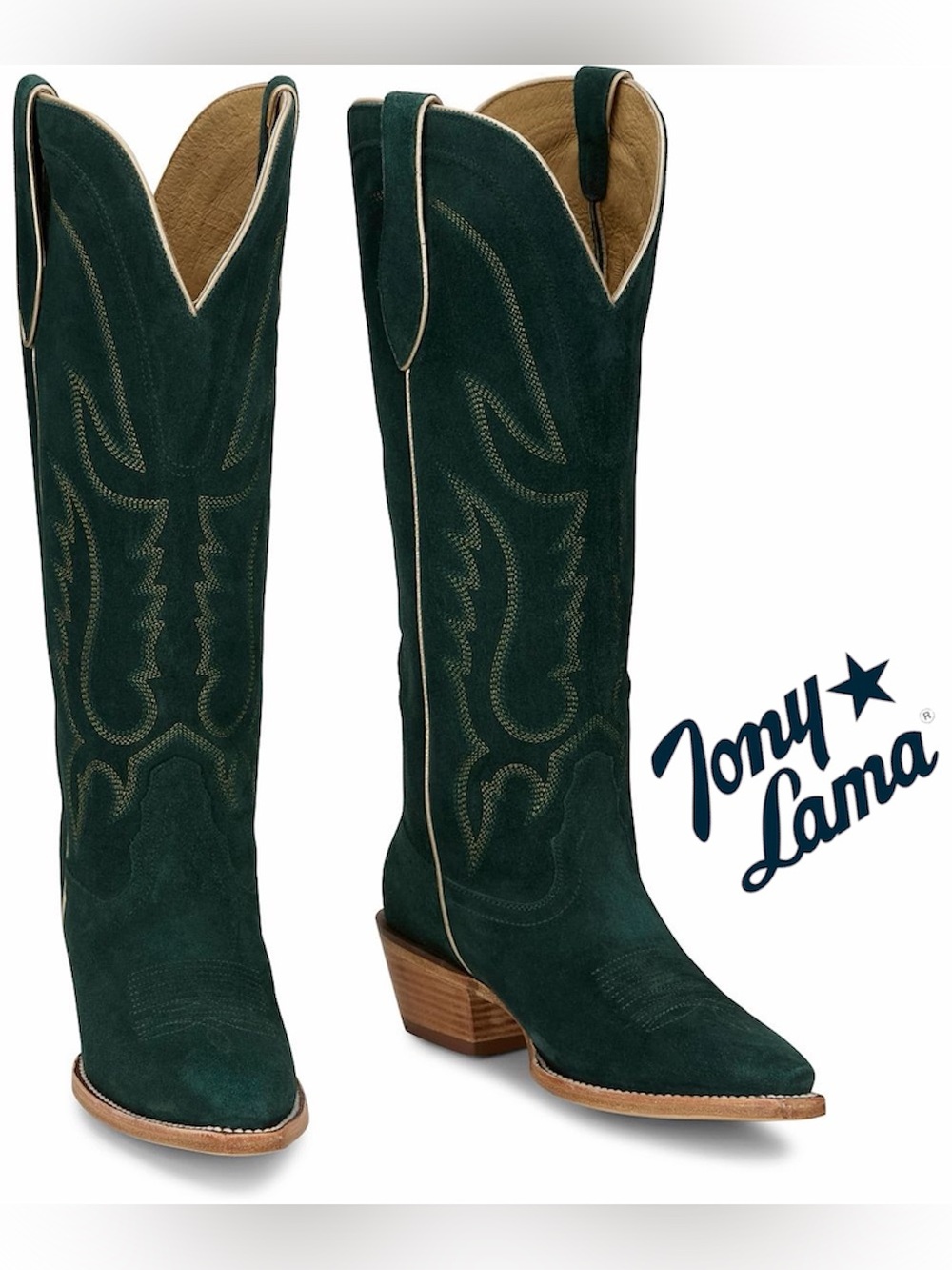 NWT Tony Lama Liz 15" Suede Western Knee-High Boot Emerald Green w/Gold 6.5